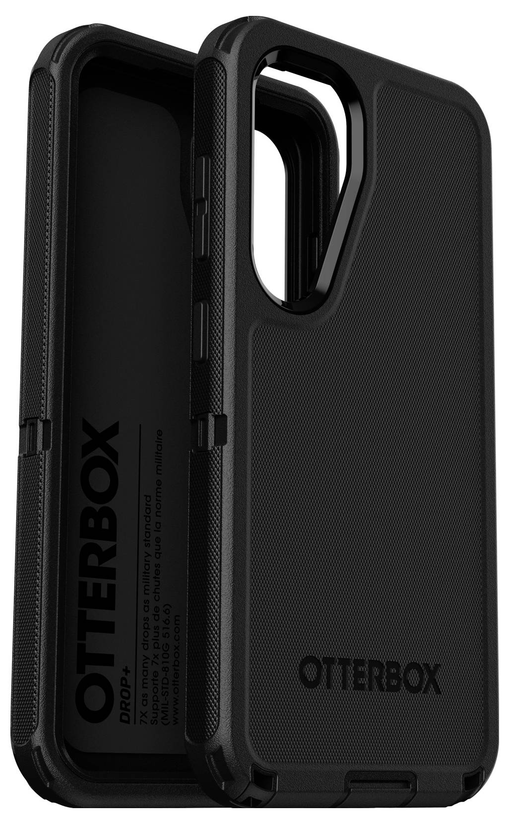 Zwarte Otterbox telefoonhoes met gestructureerd design, robuuste bescherming en merknaam. Achterzijde geopend ter inzage.