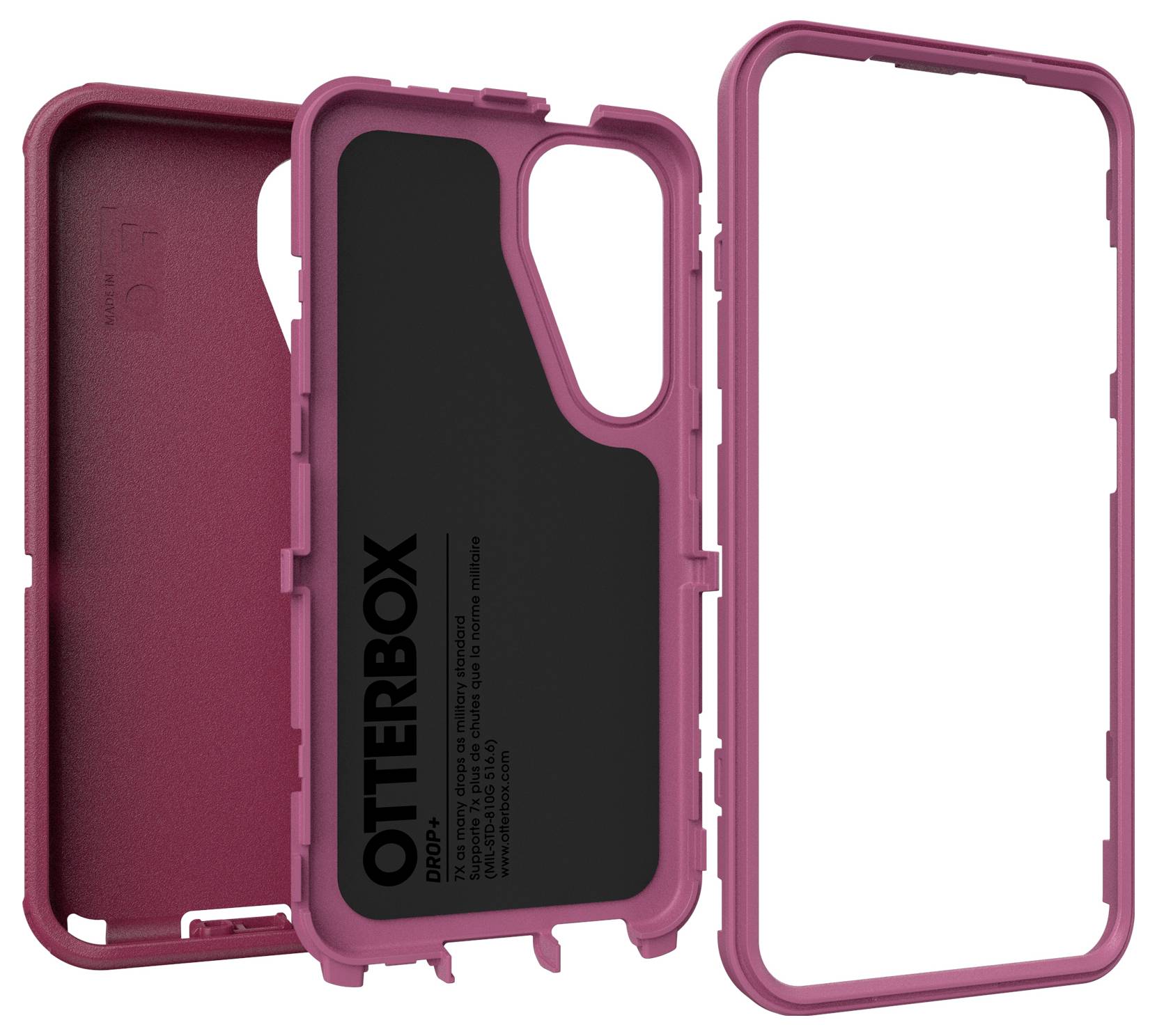 Roze Otterbox telefoonhoes bestaat uit twee delen: een robuuste buitenschaal en een binnendeel voor extra bescherming.