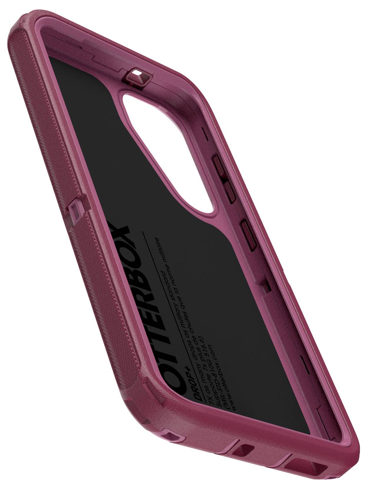 Roze telefoonhoesje met robuust ontwerp. Beschermt de telefoon met versterkte randen en gestructureerde grip.