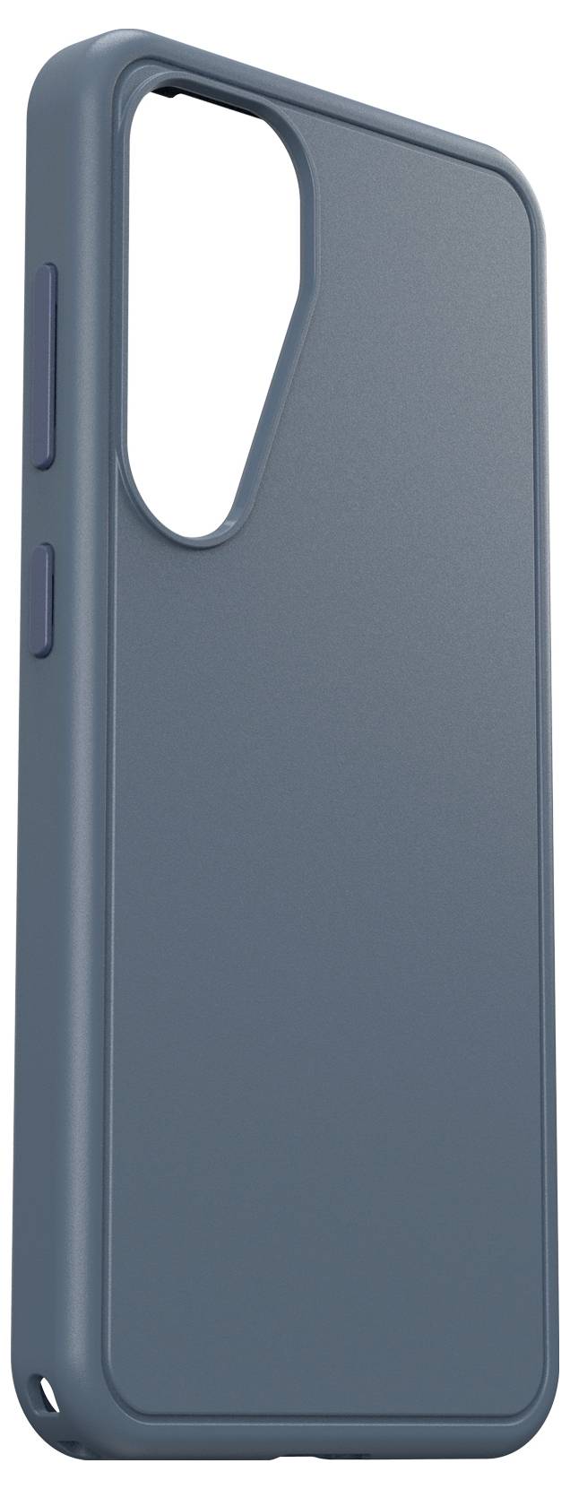 Blauwe smartphone-hoes, strak design, opening voor camera, zijtoetsen zichtbaar. Geschikt voor moderne smartphonebescherming.