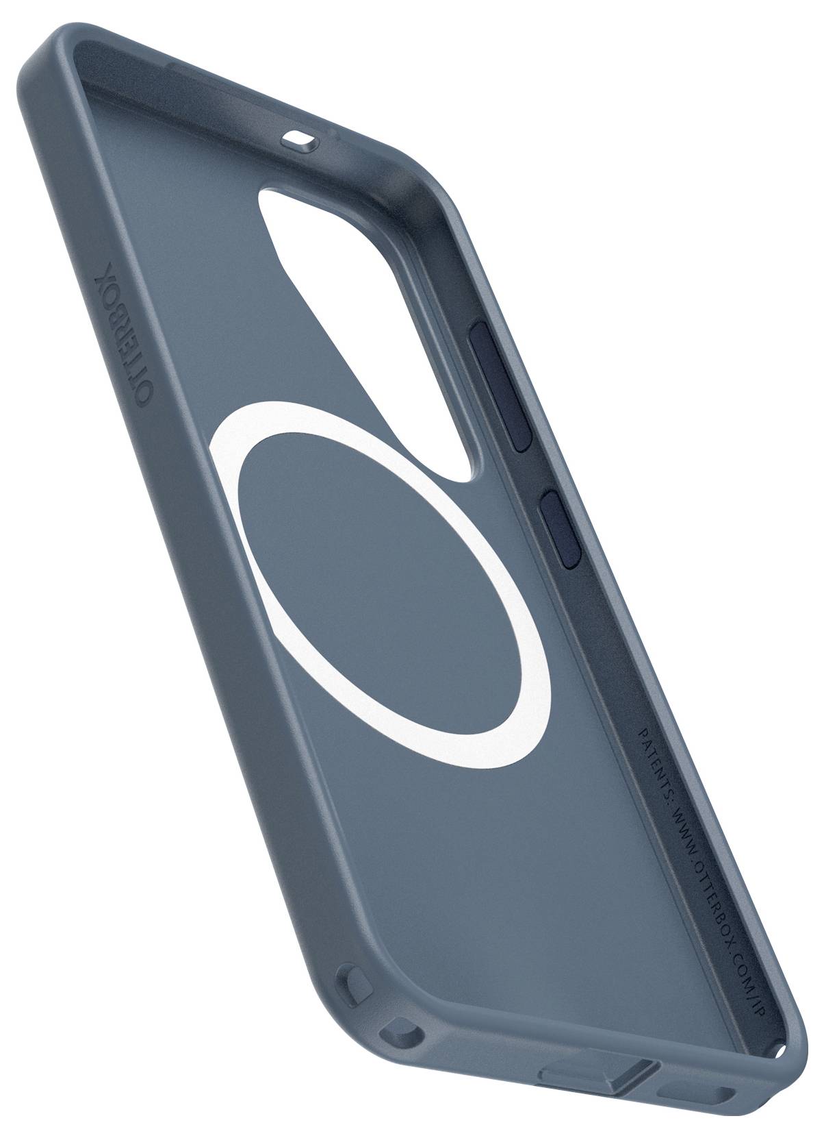 Blauwe telefoonhoes met ovaal wit design, harde beschermlaag.