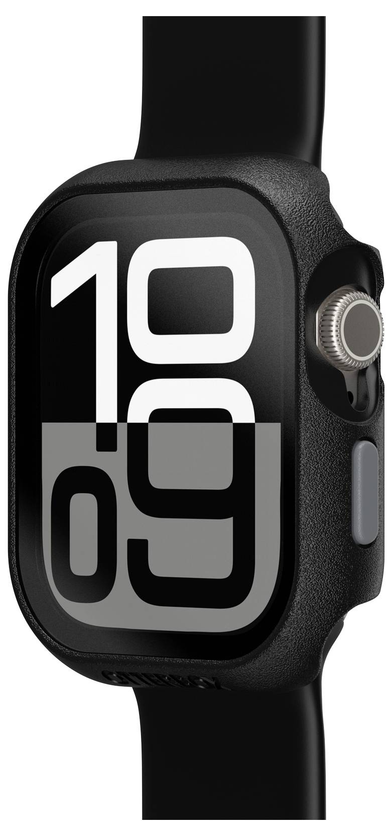 Zwarte smartwatch met groot digitaal tijdsdisplay '10:09', zwarte polsband en een zijdelingse bedieningsknop.