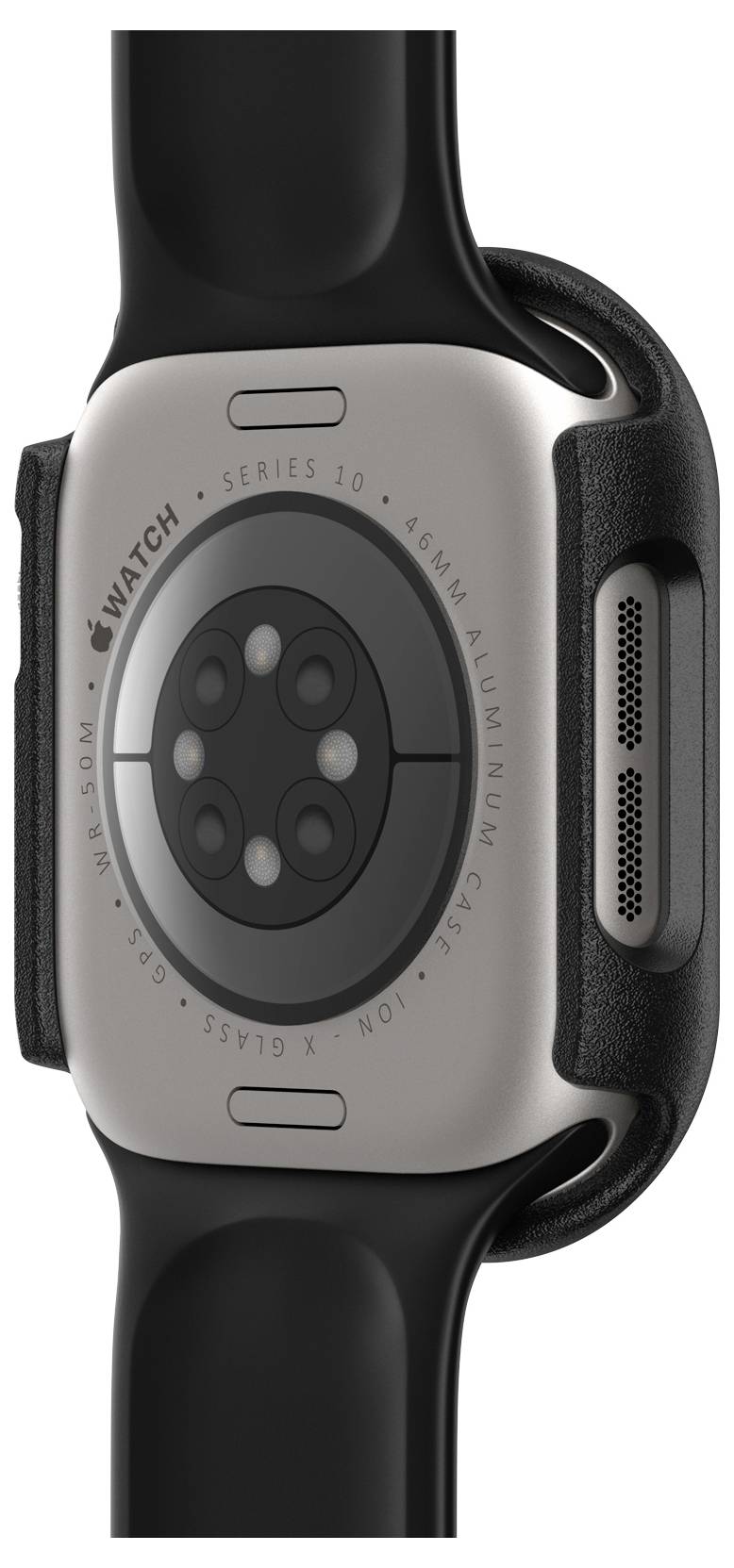 Achterkant van een smartwatch met een zwarte polsband, meerdere sensoren en de tekst 'WATCH SERIES 10'.