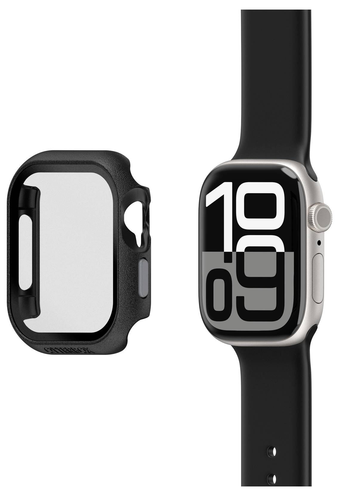 Een smartwatch met een zwarte polsband toont de tijd 10:09 op het display. Ernaast is een bijpassende zwarte beschermhoes afgebeeld.