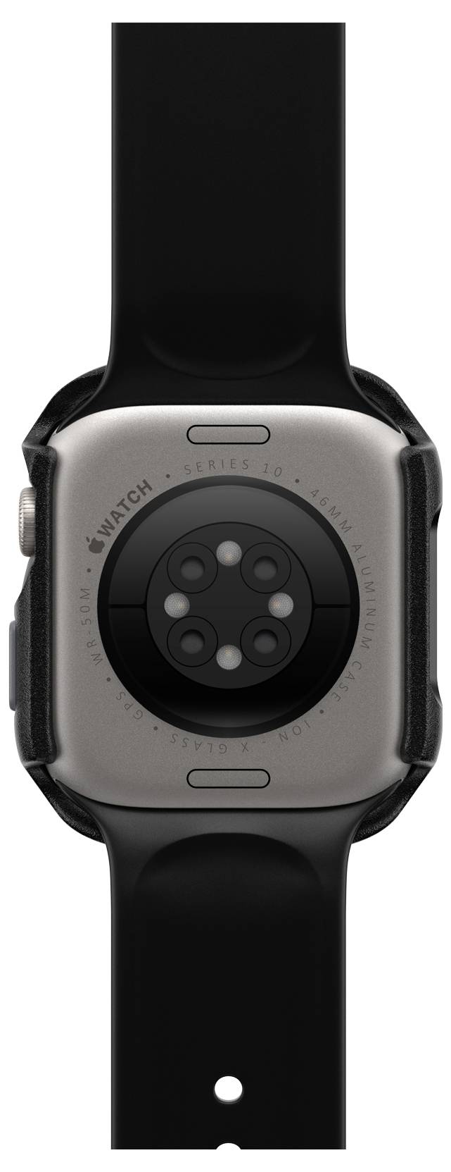 Een smartwatch met een zwarte polsband, achterkant met hartslagmeter zichtbaar, behuizing van zilver met ronde sensoren in het midden.