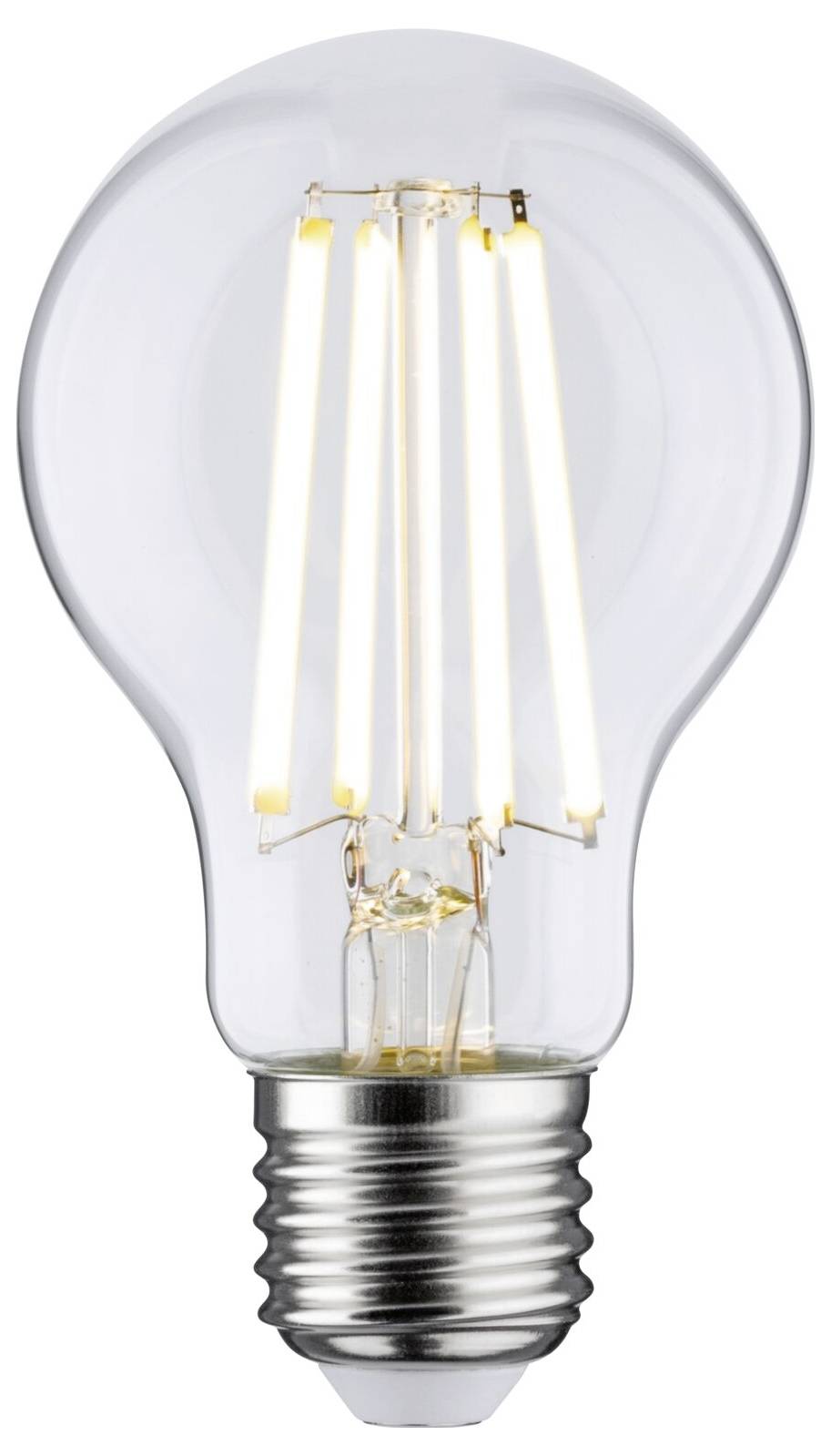 Gloeilamp met zichtbare filamenten en metalen fitting, straalt helder en gelijkmatig licht uit, geschikt voor decoratieve verlichting.