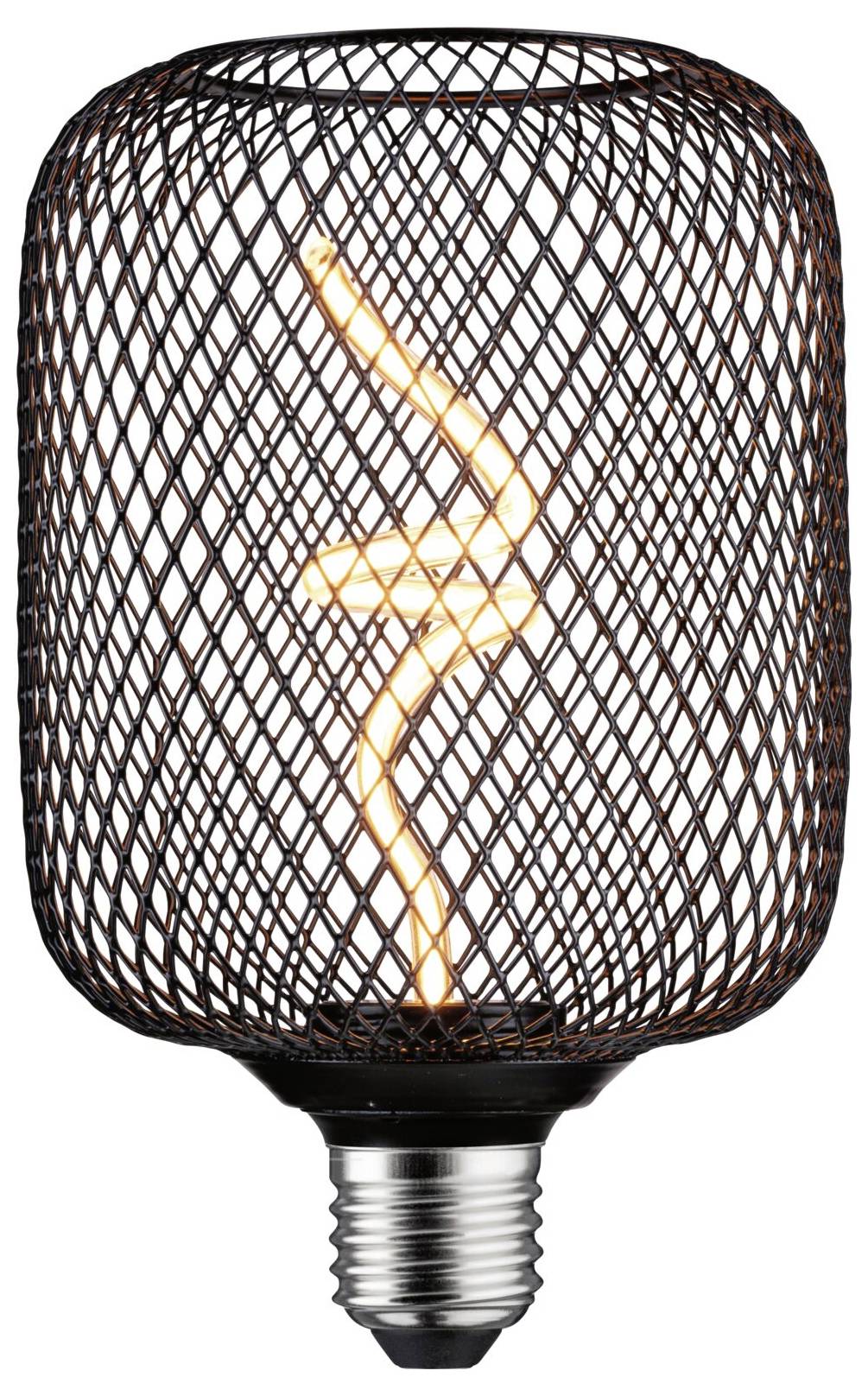 Een decoratieve gloeilamp met zwart draadrooster die een warme, gloeiende verlichting uitstraalt.