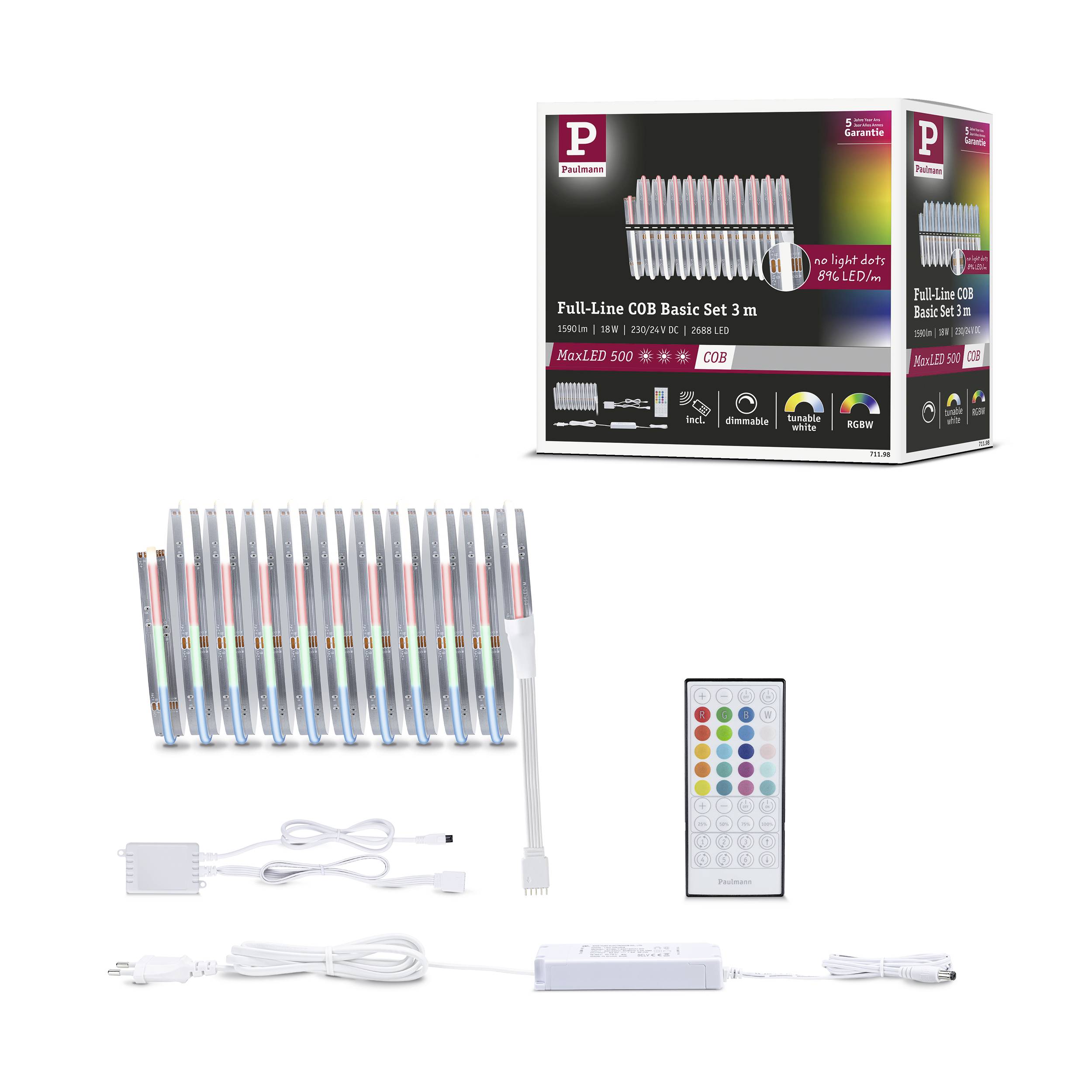 'Full-Line COB Basic Set' van Palmen; LED-lichtbalken met afstandsbediening. Set bevat voeding en besturingsapparaat, 3 m lengte.