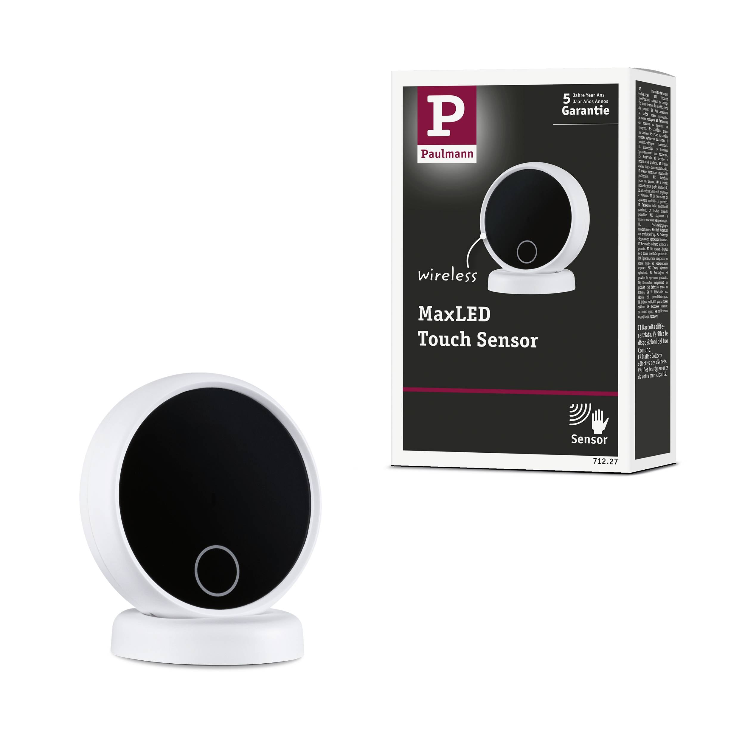 Draadloze MaxLED Touch Sensor van Paulmann, verkrijgbaar in een doos. Rond ontwerp in wit en zwart, ideaal voor LED-verlichting.