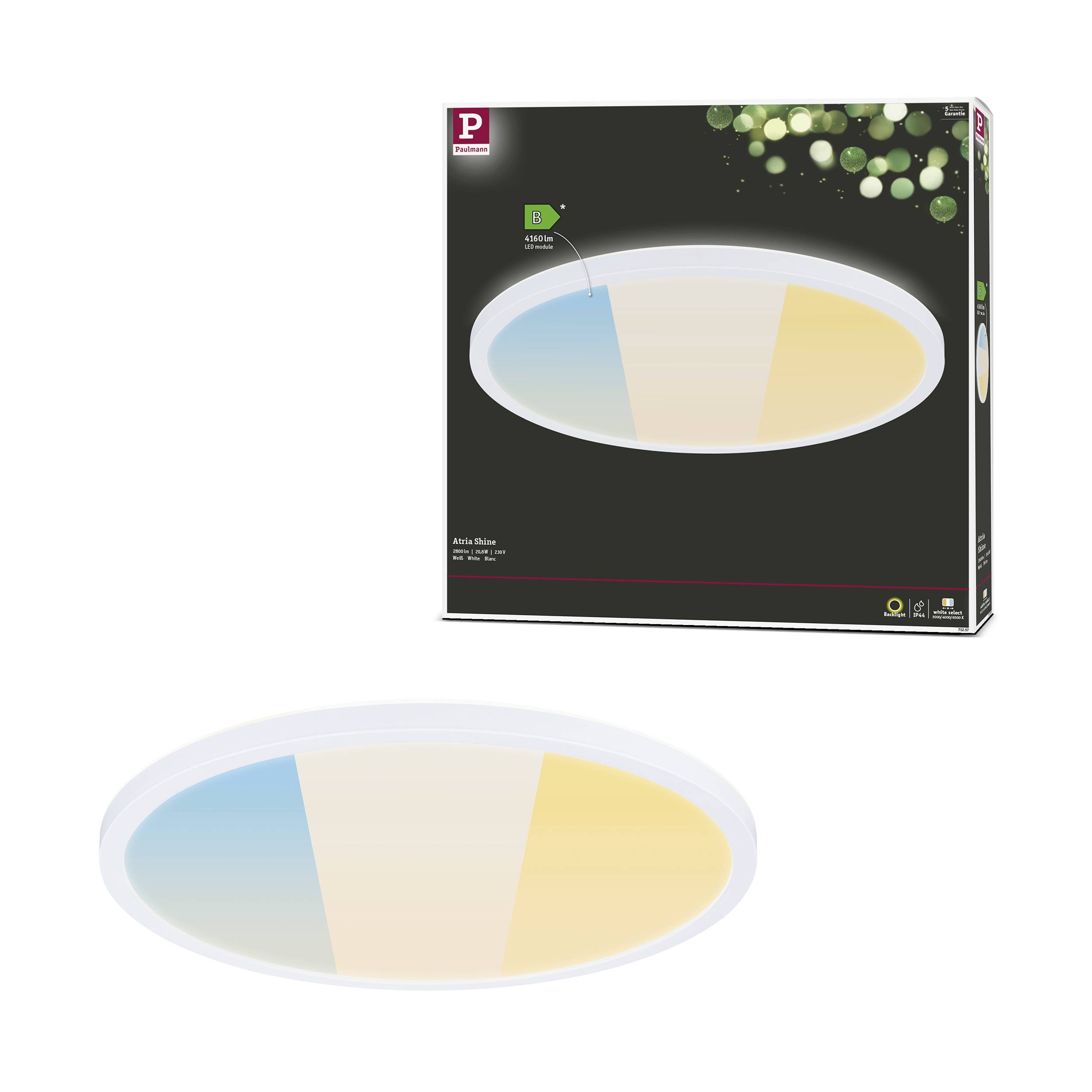 Ronde LED-plafondlamp met instelbare kleurtemperatuur. Verpakking toont energielabel B en gestileerde armatuurweergave.
