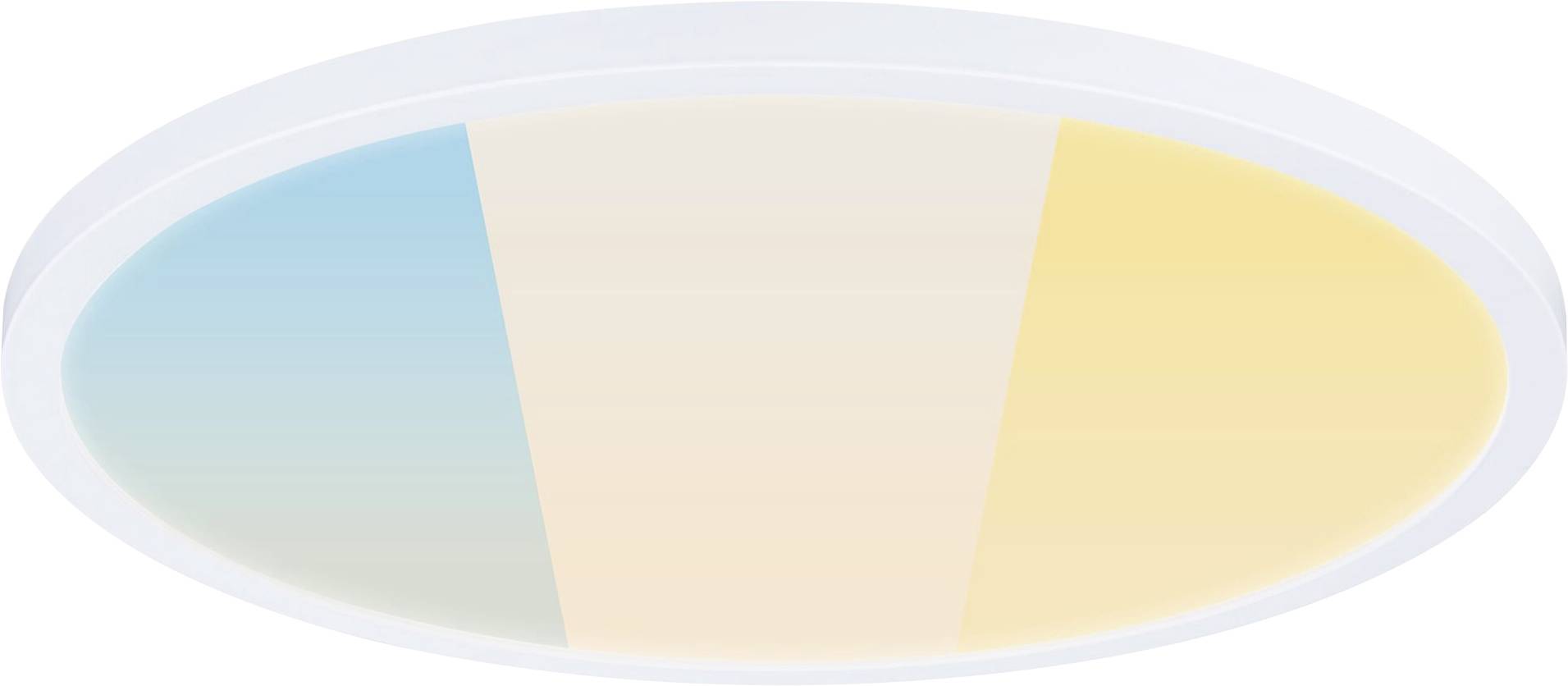 Ronde LED-plafondlamp met drie kleurensegmenten: Blauw, Wit en Geel.