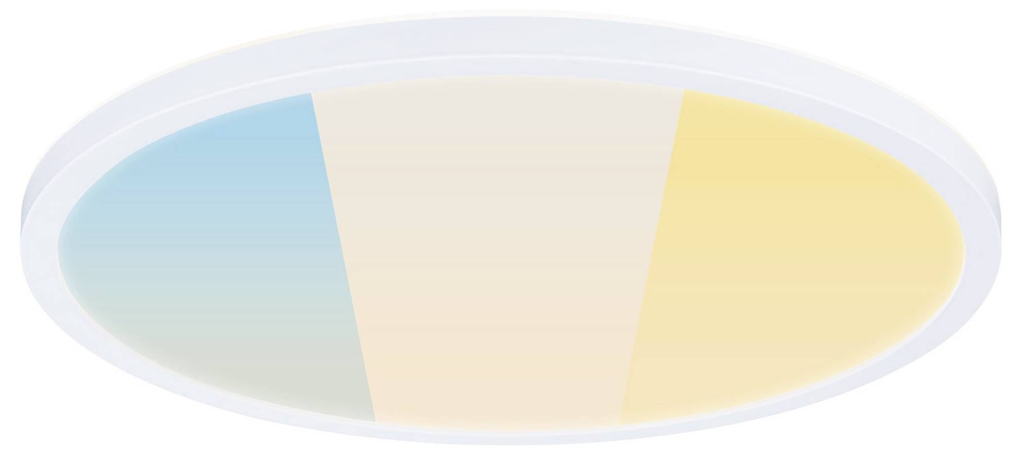 Ronde plafondlamp met drie kleurssecties: Blauw, Beige en Geel.