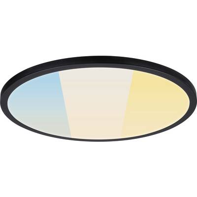 Ronde plafondlamp met gekleurd licht, blauw, wit en geel.