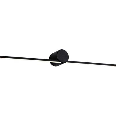 Een minimalistische, moderne zwarte wandlamp met een lange, horizontale arm die een smal lichtspoor uitstraalt.