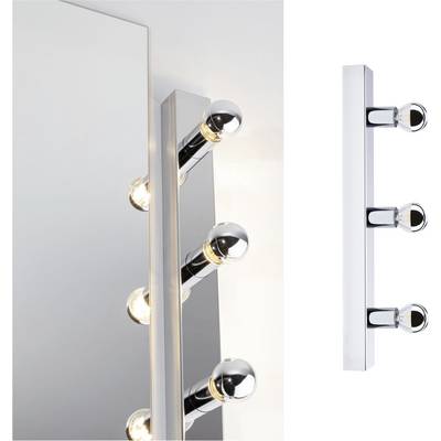Een spiegel met vier verticaal gerangschikte gloeilampen langs de zijkant. Rechts daarnaast een close-up van de lampvoet.