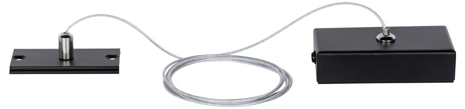 Een rechthoekige zwarte behuizing is via een dun kabel verbonden met een klein cilindrisch metalen stuk dat is gemonteerd op een plaat.