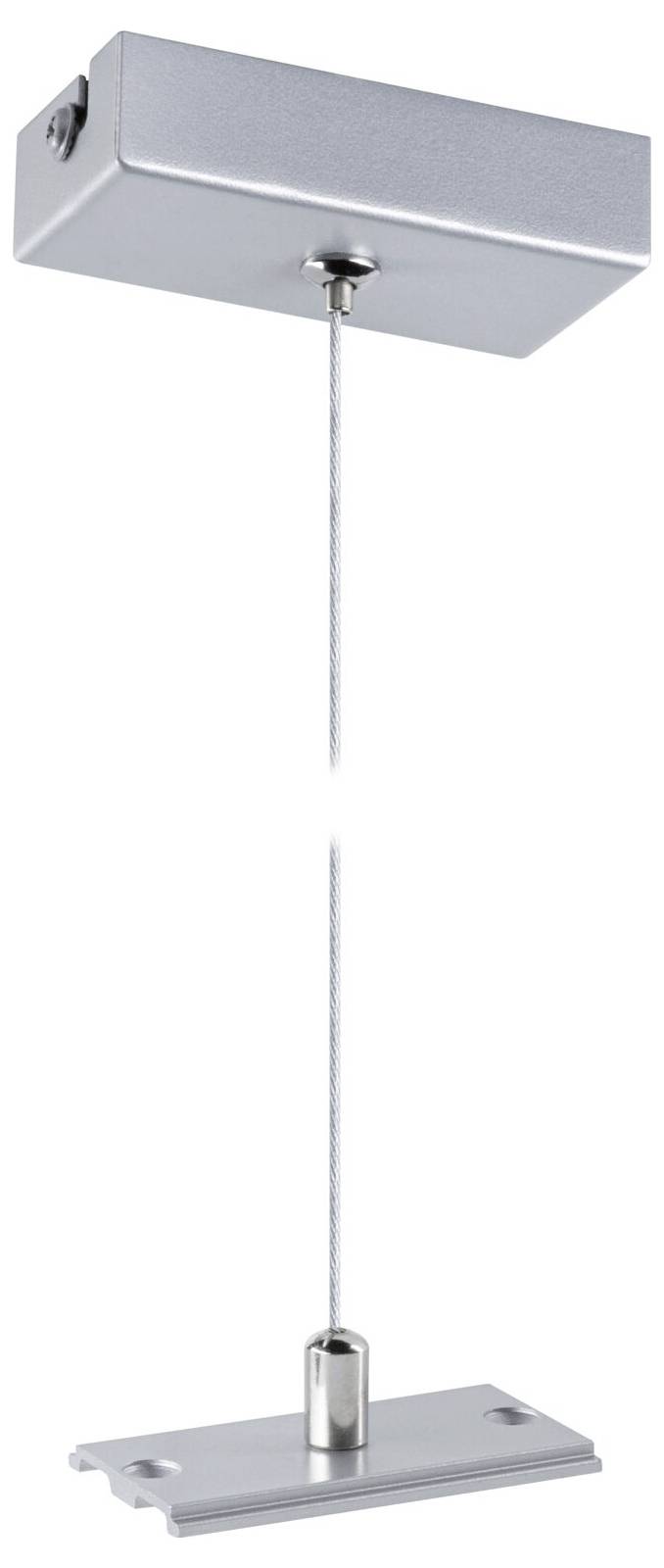 Zilveren plafondbeugel met metalen kabel, geschikt voor het bevestigen van verlichting.