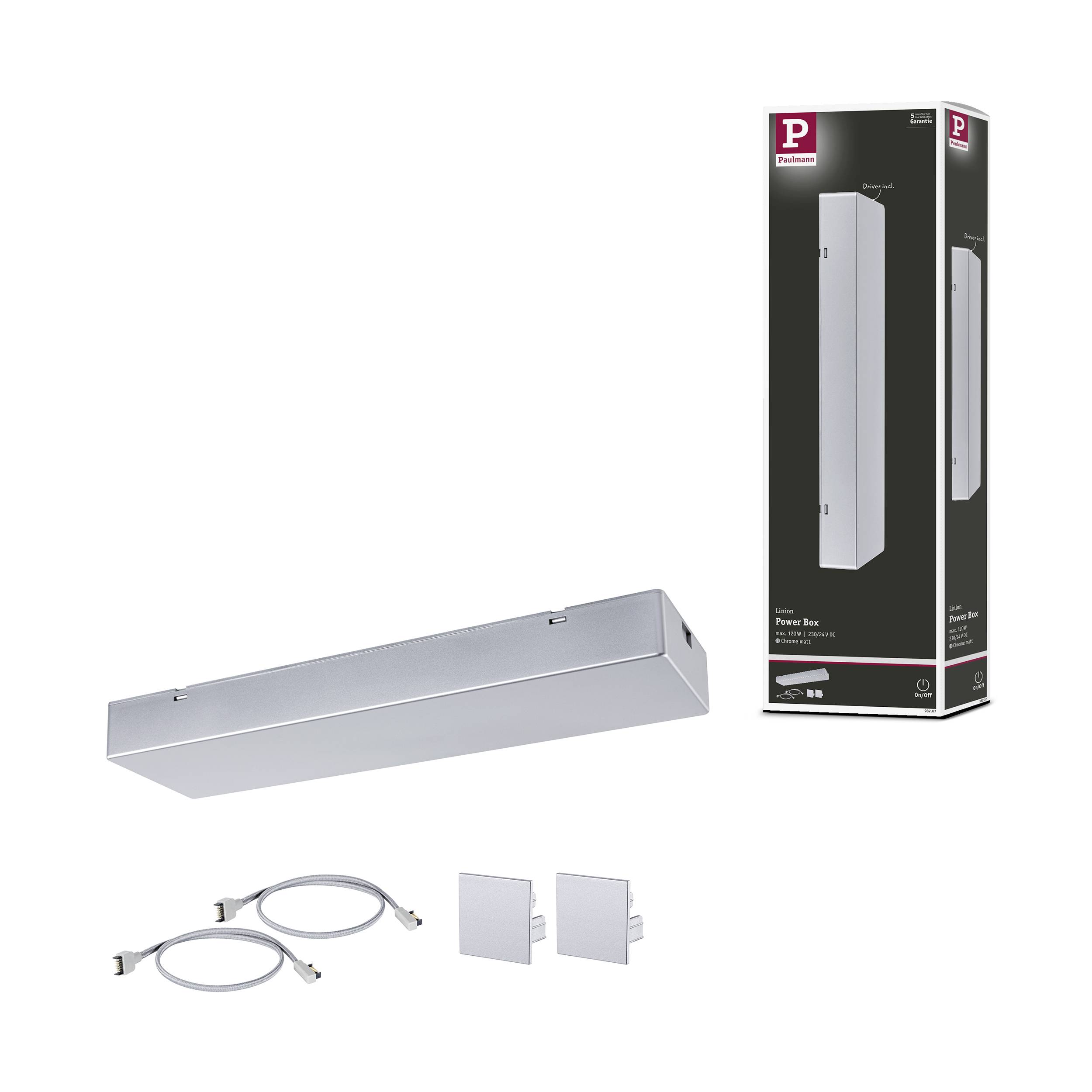 Een verpakking van een verlichtingssysteem, naast het product met toebehoren: twee kabels en twee aansluitkleppen.