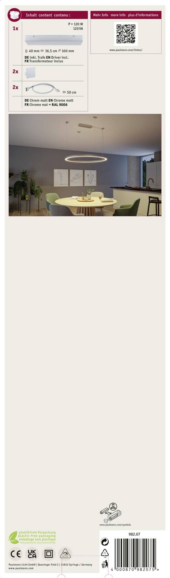 LED-lamp boven een eettafel in een moderne woonkamer. Aan de linkerkant zijn montagehandleidingen en een QR-code zichtbaar.