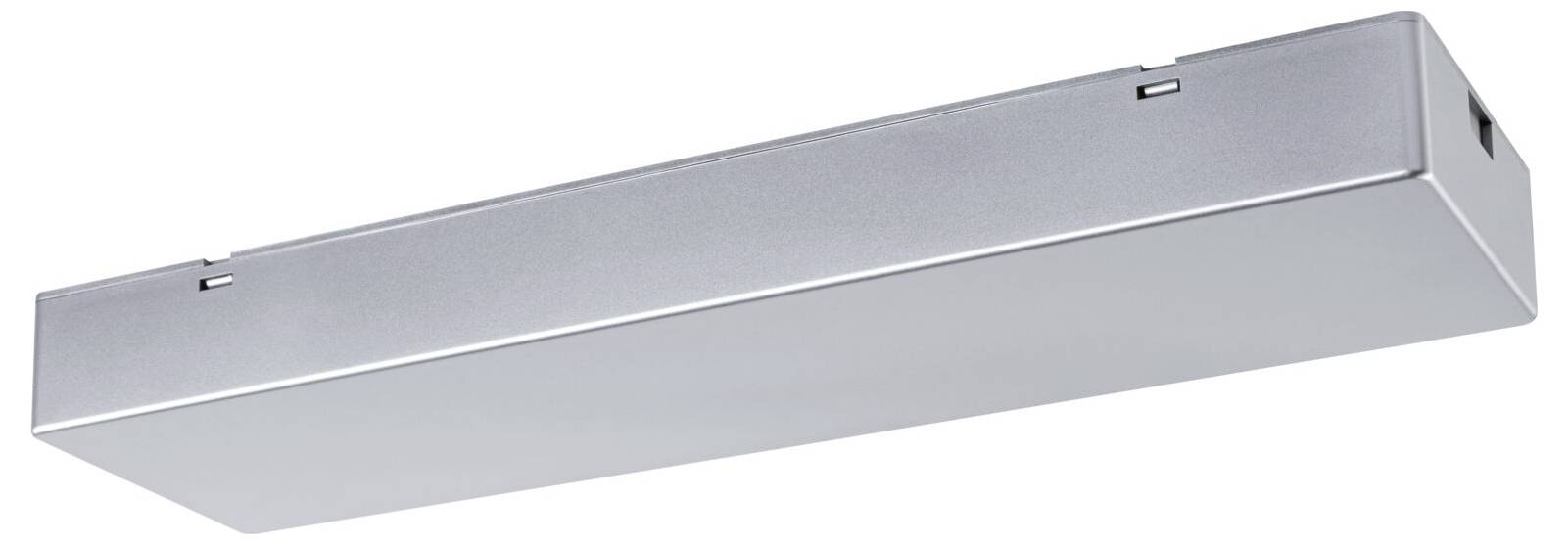 Metallic grijs ventilatietoestel met rechthoekige vorm, gladde oppervlakte en afgeronde hoeken. Geschikt voor plafondmontage.