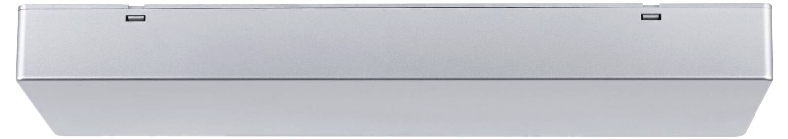 Zilveren afzuigkap van onderen gezien, met twee licht zichtbaar ingelaten knoppen in de hoeken.