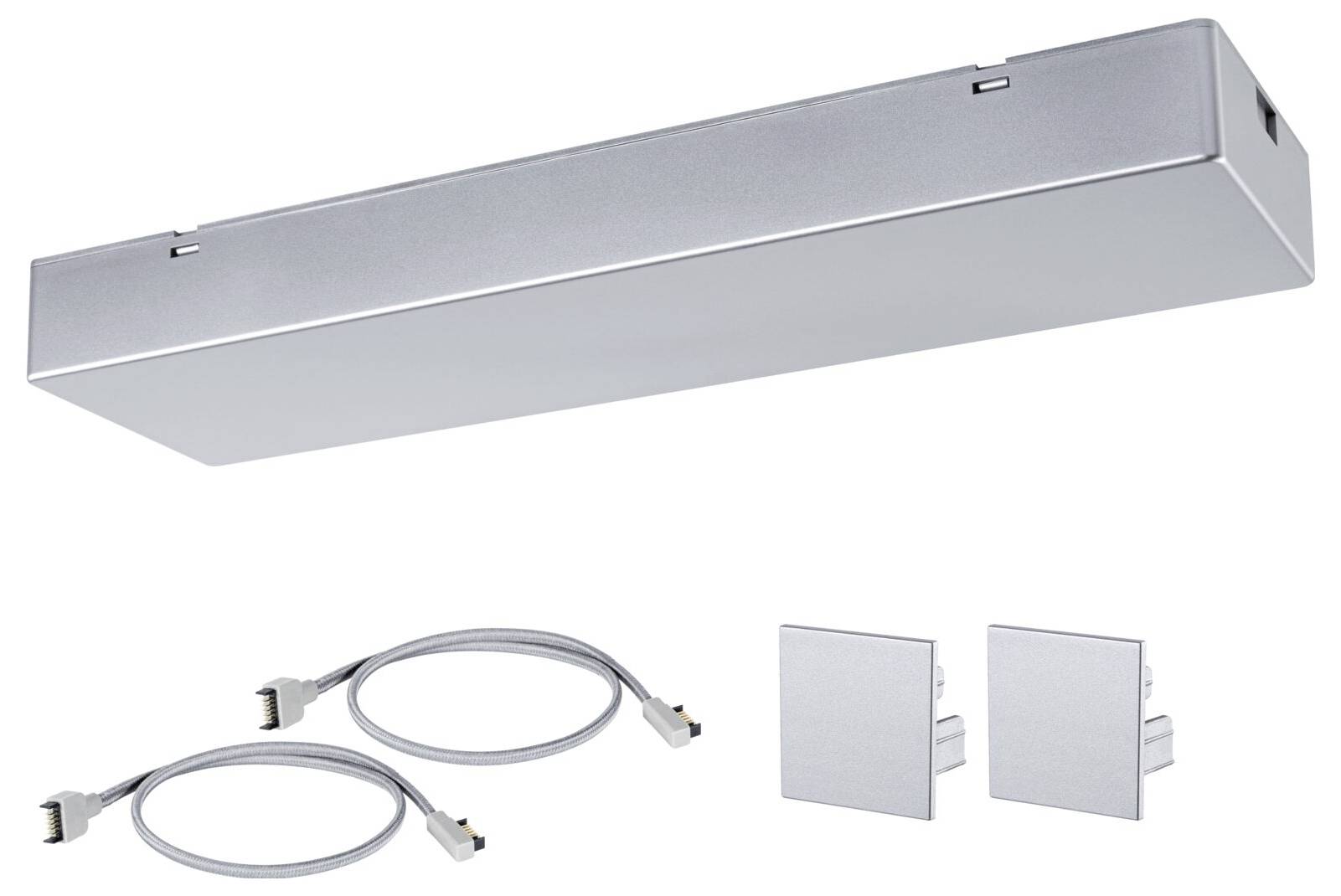 Een zilveren kabelgoot-set met toebehoren, bestaande uit een langwerpige doos, twee aansluitkabels en twee vierkante afdekplaten.