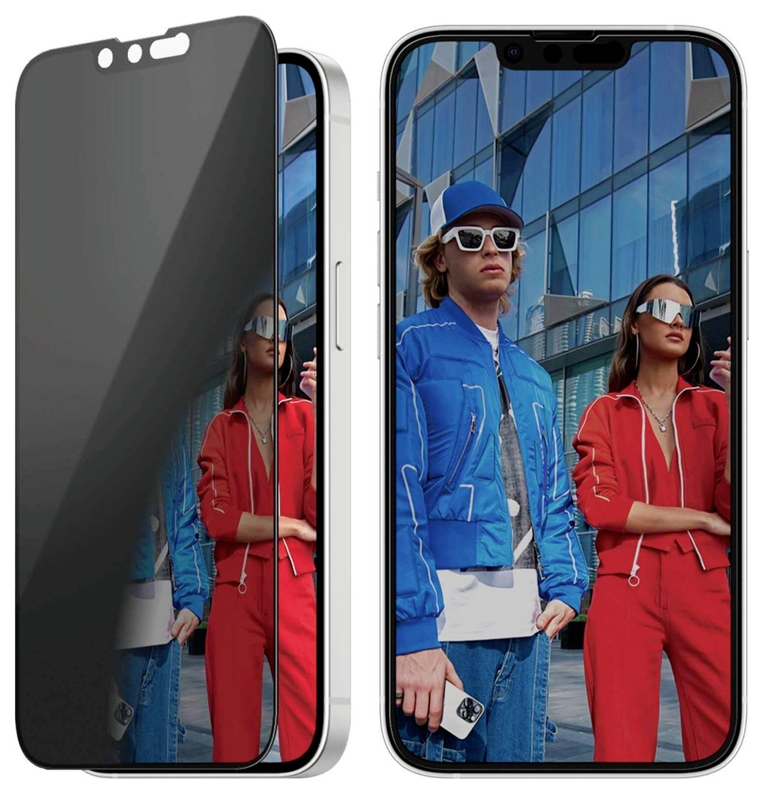 Twee personen in kleurrijke outfits en zonnebrillen staan voor een modern gebouw. Smartphones zijn uitgerust met privacyschermen.