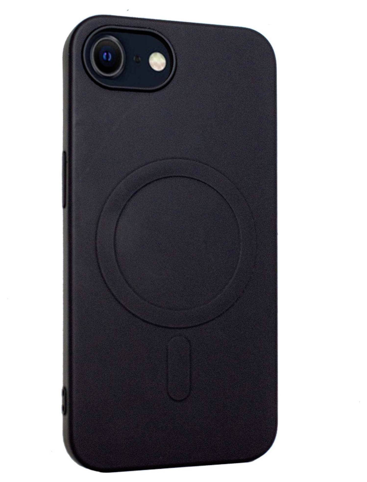 Zwart smartphone in een hoesje, rechtop staand, camera zichtbaar linksboven, strak design met cirkelvormig patroon in het midden.