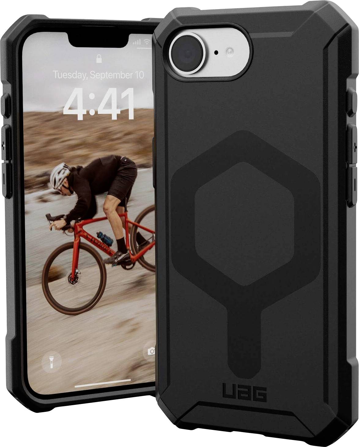 Een smartphone met een robuuste zwarte hoes. Op het scherm is een achtergrondafbeelding te zien van een fietser in een woestijnlandschap.