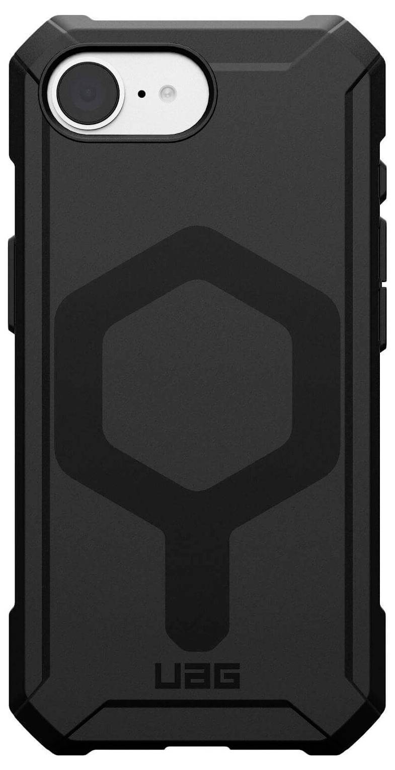 Zwart, robuust smartphone-hoesje met zeshoekig patroon aan de achterzijde, merklogo 'UAG' onderaan zichtbaar. Bescherming en duurzaamheid.