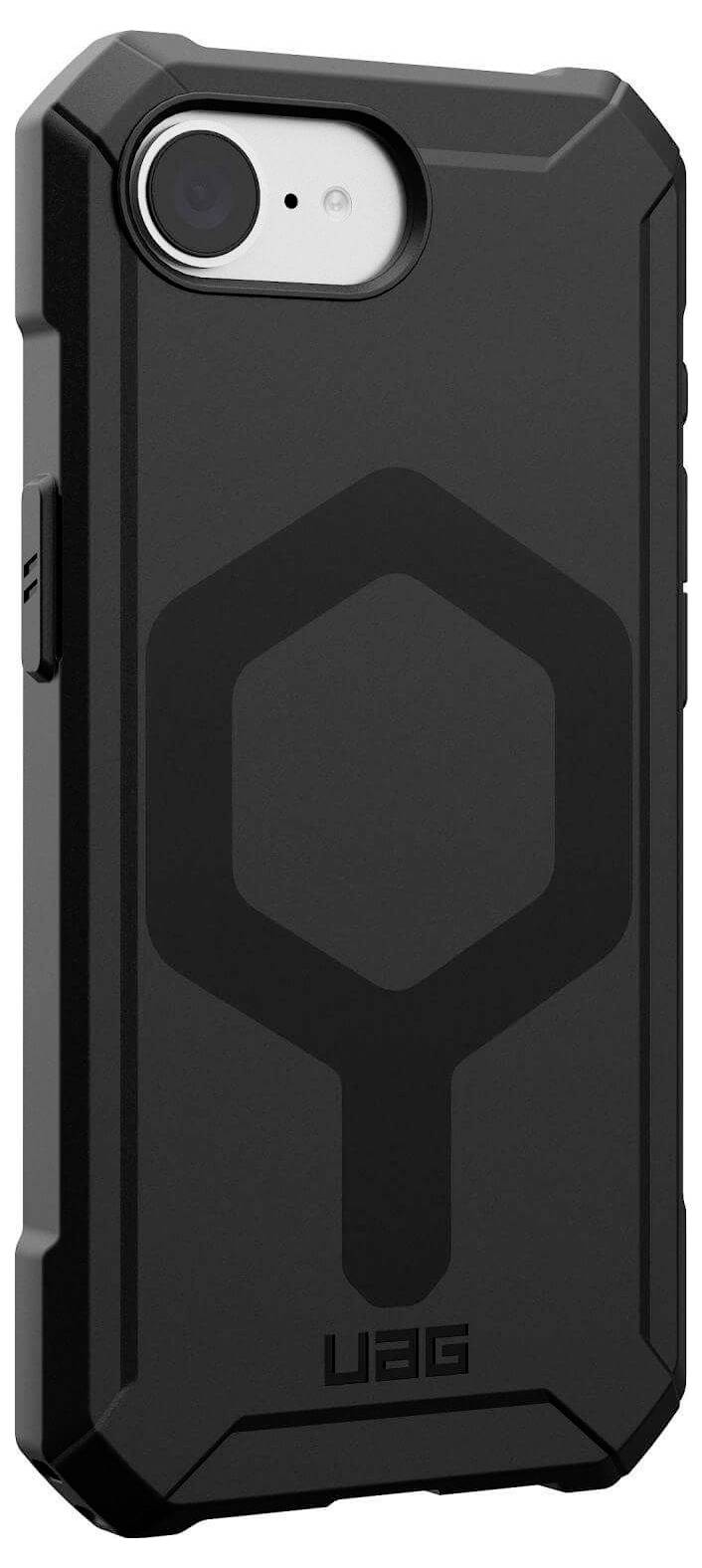 Zwarte robuuste beschermhoes voor een smartphone. Het ontwerp toont een zeshoekig patroon en biedt bescherming tegen schokken en krassen.
