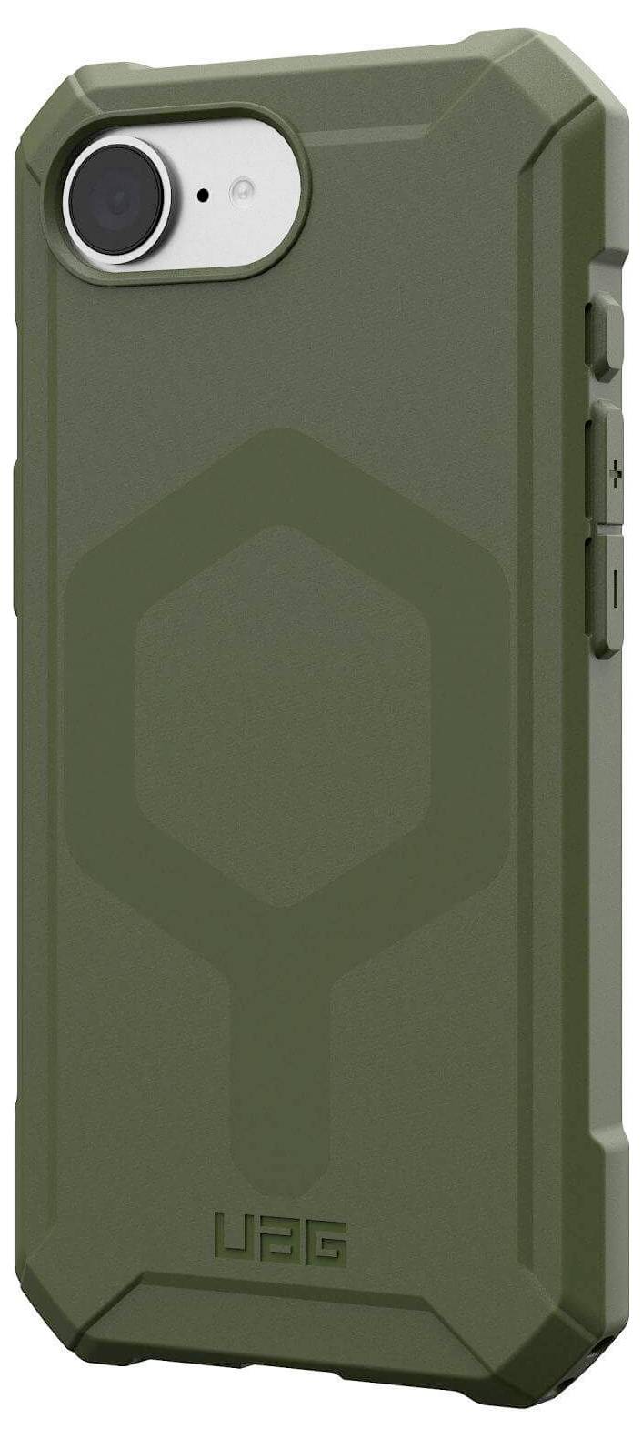 Groen smartphone-hoesje met robuust, geometrisch ontwerp en extra beschermingsversteviging, geschikt voor een klein smartphonemodel.