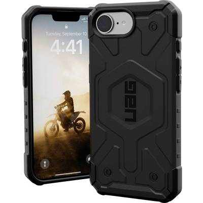 Zwart, robuust telefoonhoesje van UAG voor een smartphone, gepresenteerd voor een telefoonscherm met een motorrijder in een woestijnlandschap.