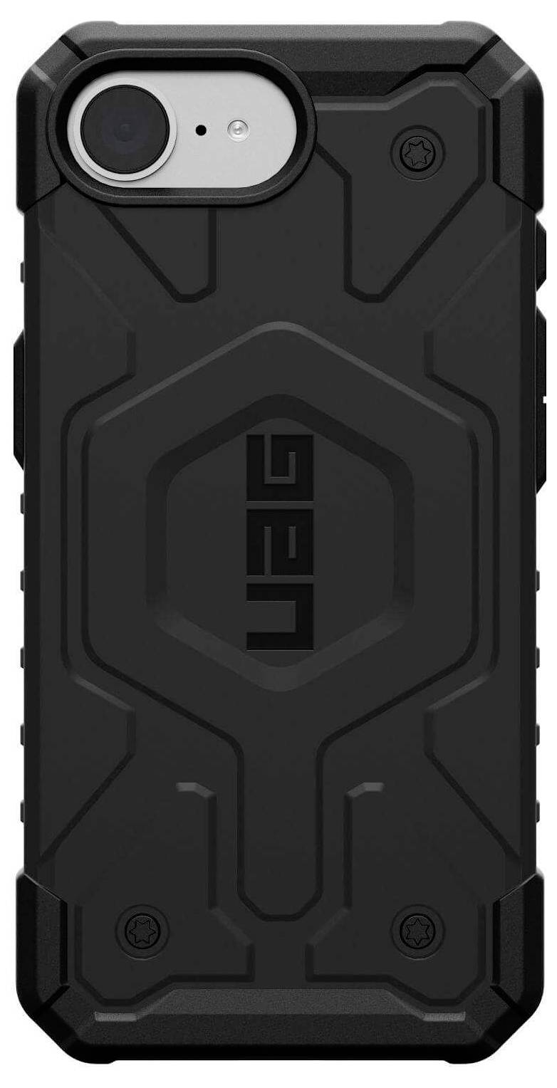 Robuust, zwart telefoonhoesje met een opvallend design voor bescherming, merk 'UAG'.