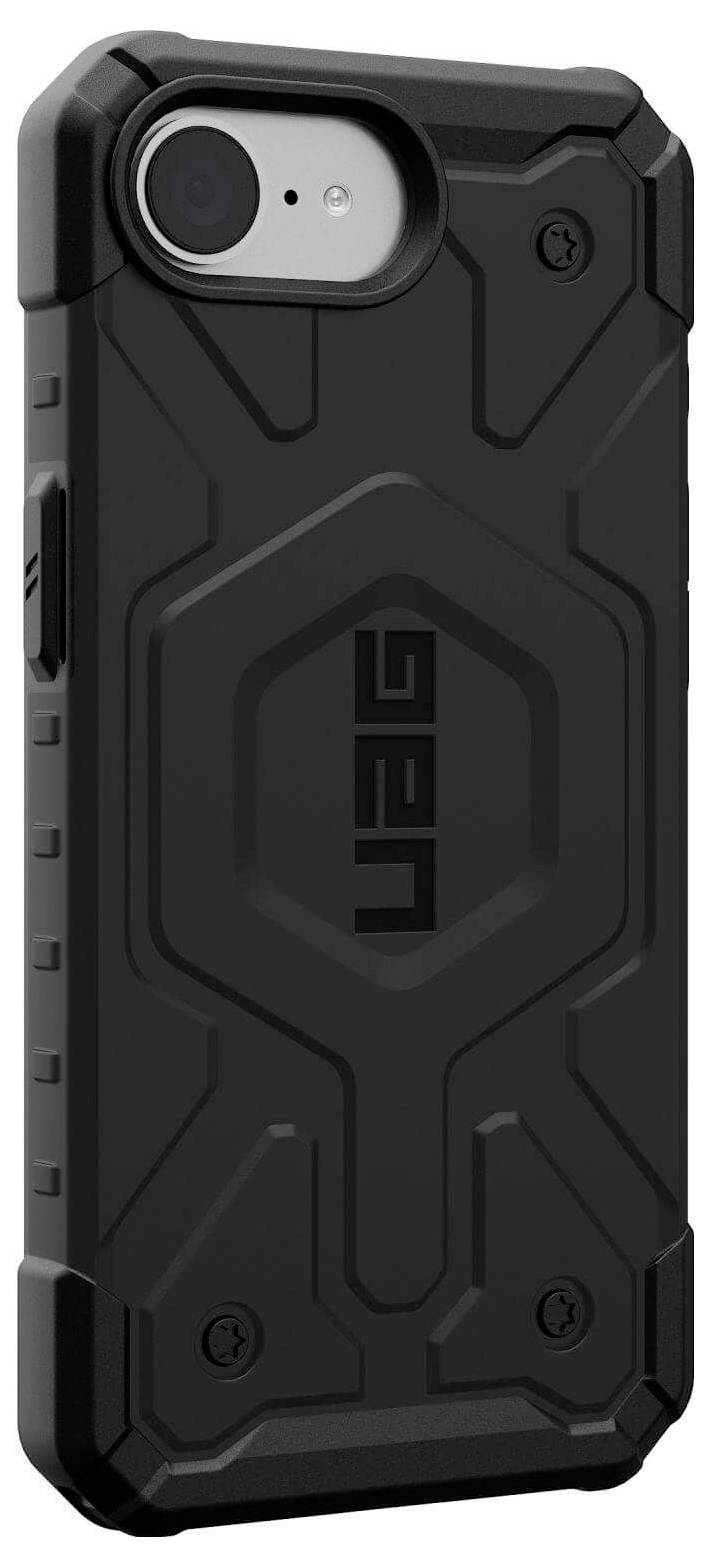 Zwarte, robuuste telefoonhoes met een modern, hoekig design en ingelegd merknaam, biedt uitgebreide bescherming voor uw smartphone.