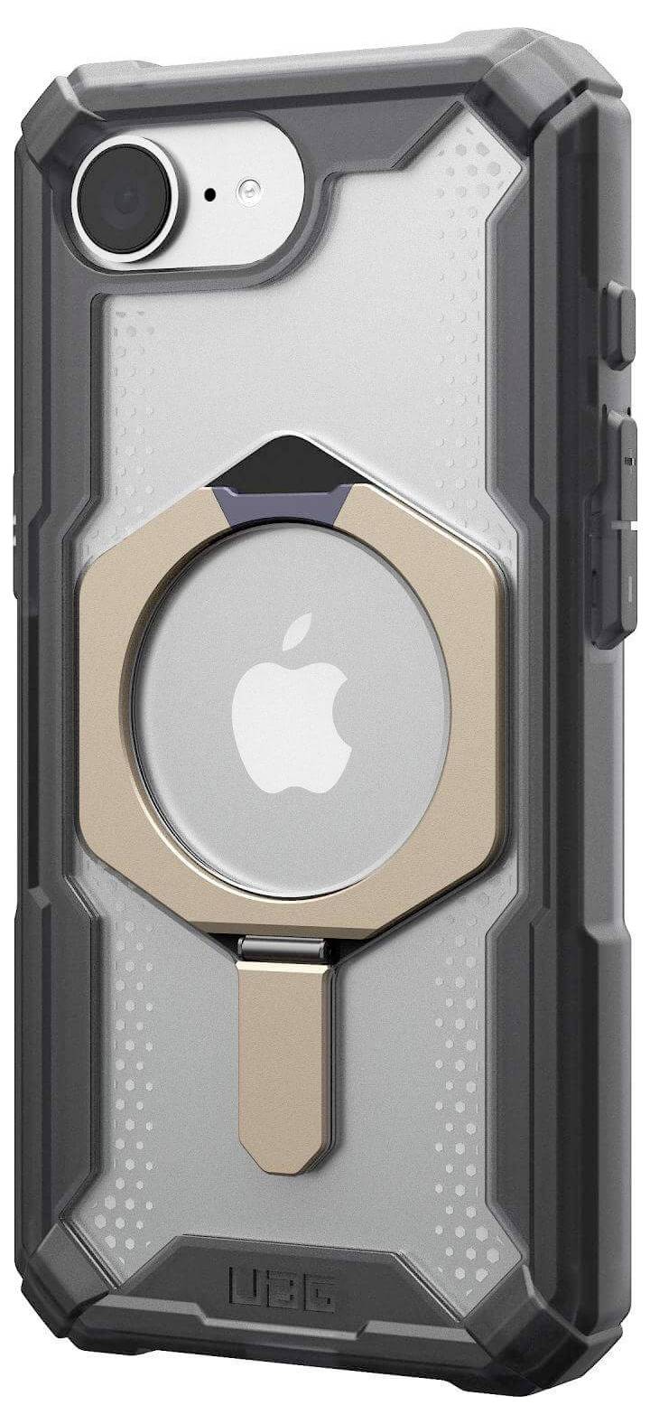 Een robuust smartphone met een zwarte hoes die een ringvormige houder aan de achterkant heeft.