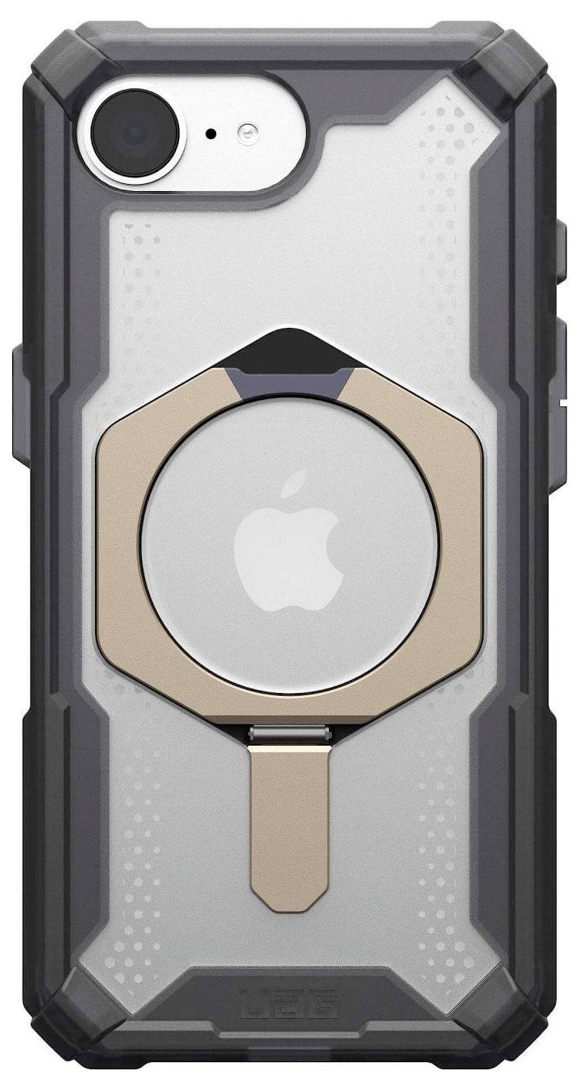 Een robuuste smartphonehoes met geïntegreerde standaard en cirkelvormige accenten, geschikt voor een iPhone, tegen een witte achtergrond.