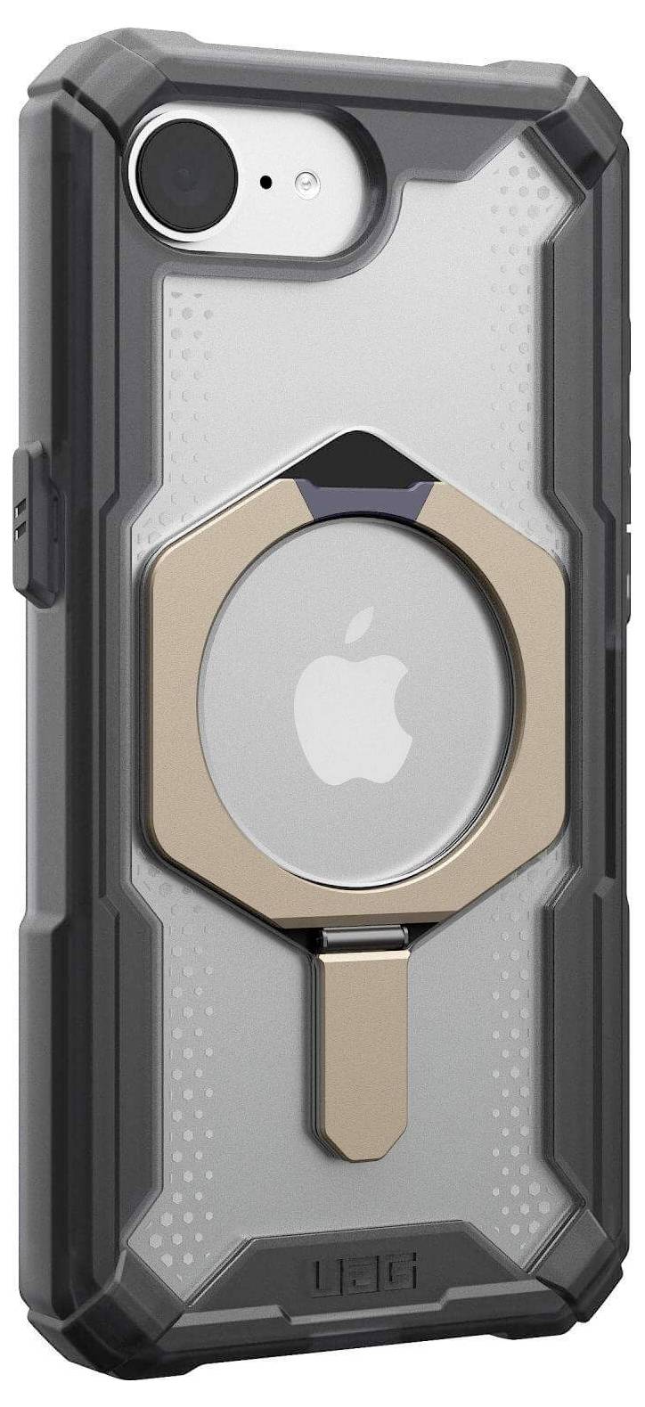 Smartphone in een robuuste zwarte hoes met geïntegreerde standaard. Het Apple-logo is zichtbaar in het transparante gedeelte.