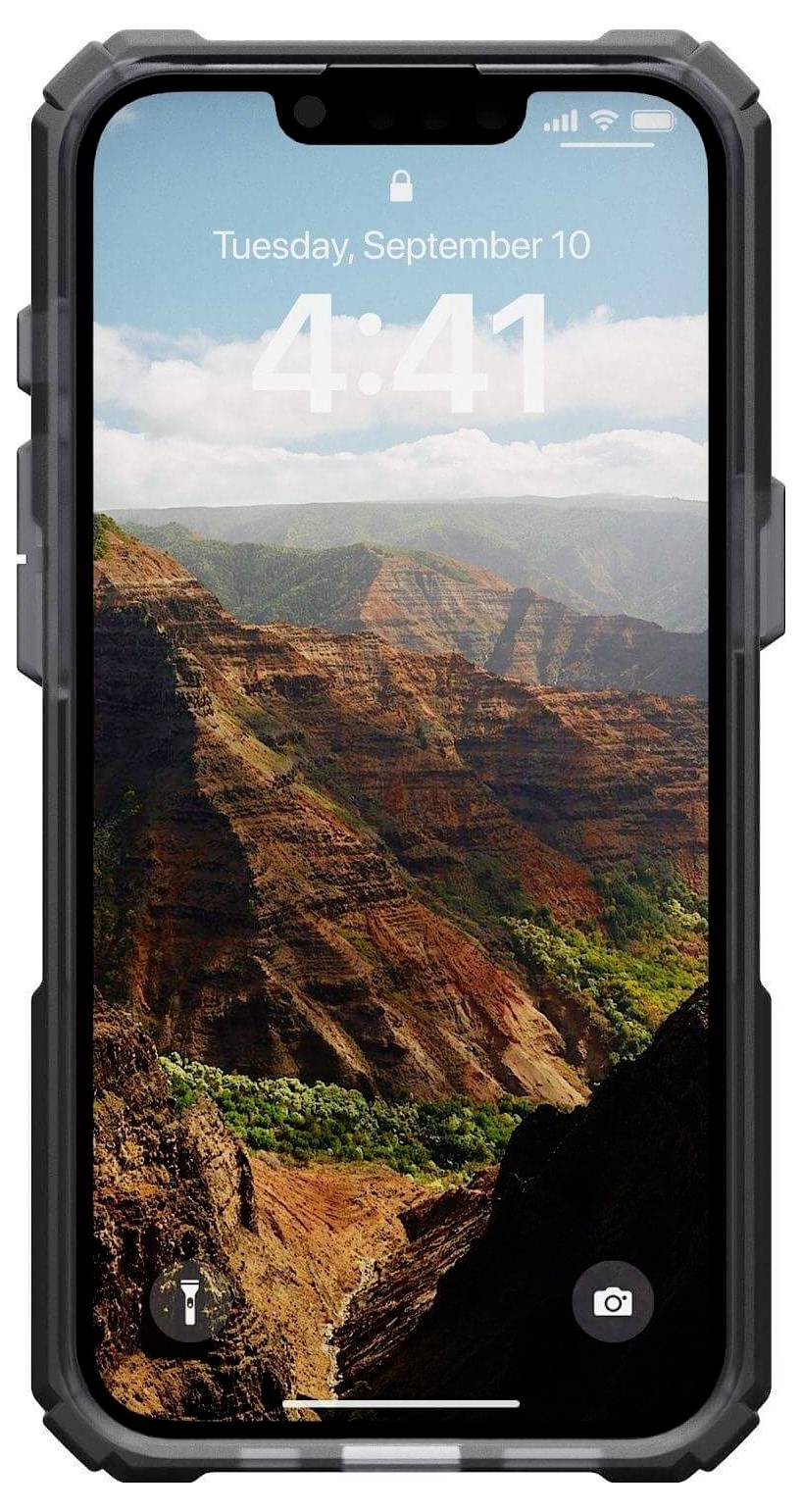 Een smartphone toont een vergrendeld scherm met de tijd '4:41' en datum 'Dinsdag, 10 september'. Achtergrondafbeelding: Bergkloof.