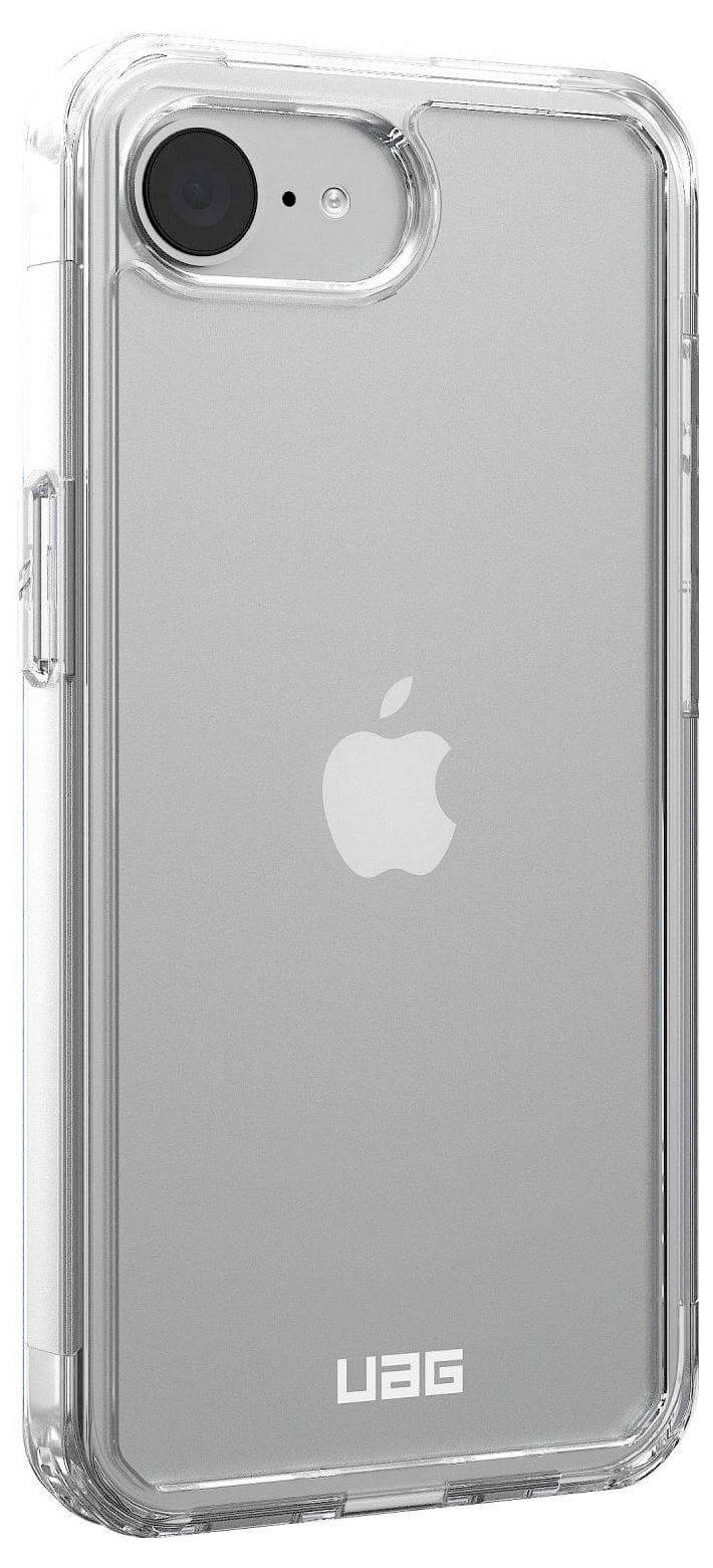 Een transparant, robuust telefoonhoesje van UAG omhult een smartphone. Het Apple-logo is zichtbaar aan de achterkant van het toestel.