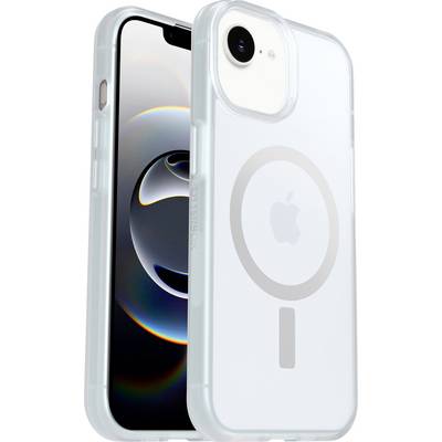Twee doorschijnende iPhones in doorzichtige hoezen, één die het voorkant-display toont en één de achterkant met MagSafe-cirkel en Apple-logo.