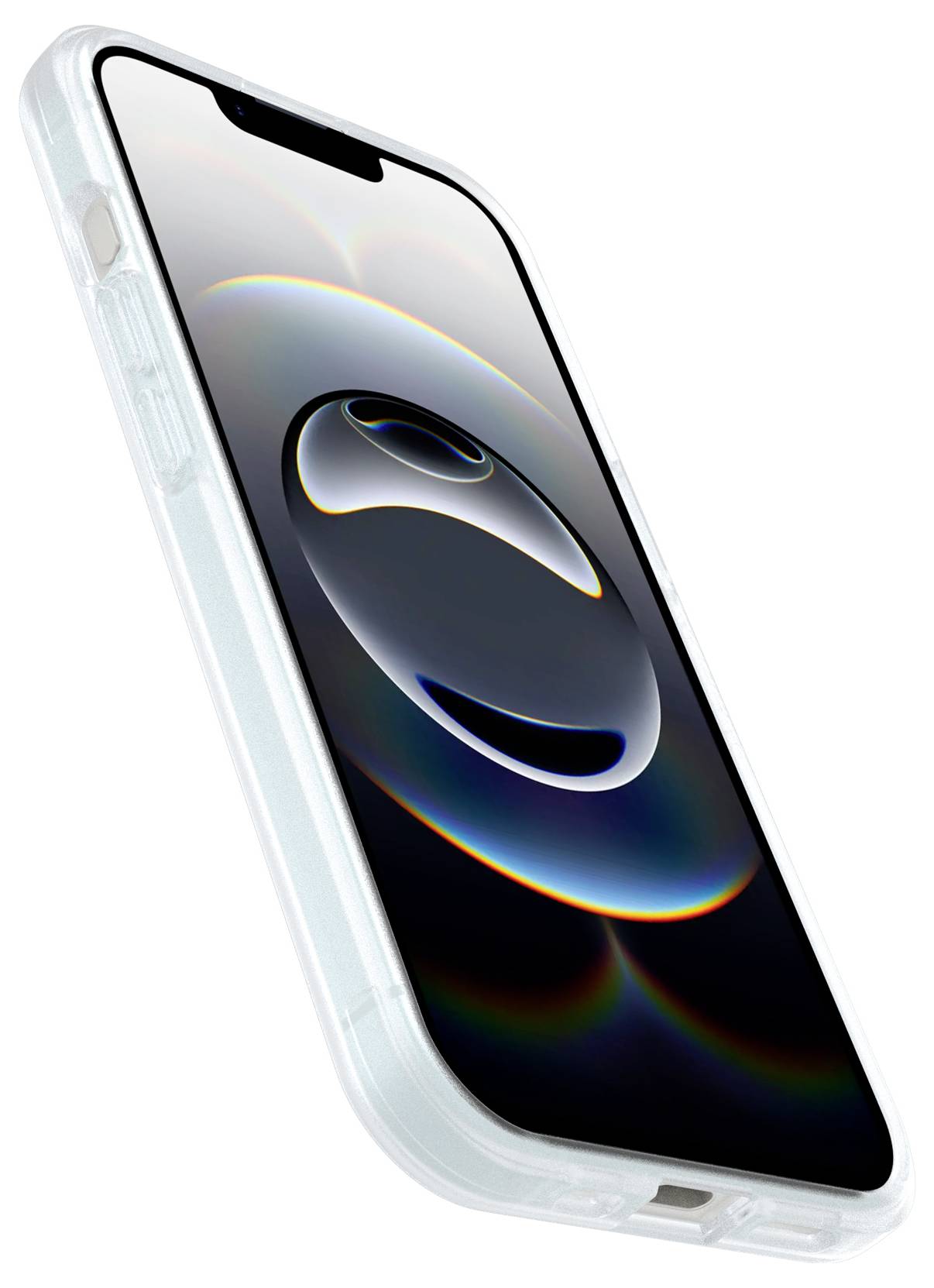 Een smartphone weergegeven onder een hoek in een duidelijke beschermhoes, met een donker abstract behang op het scherm.