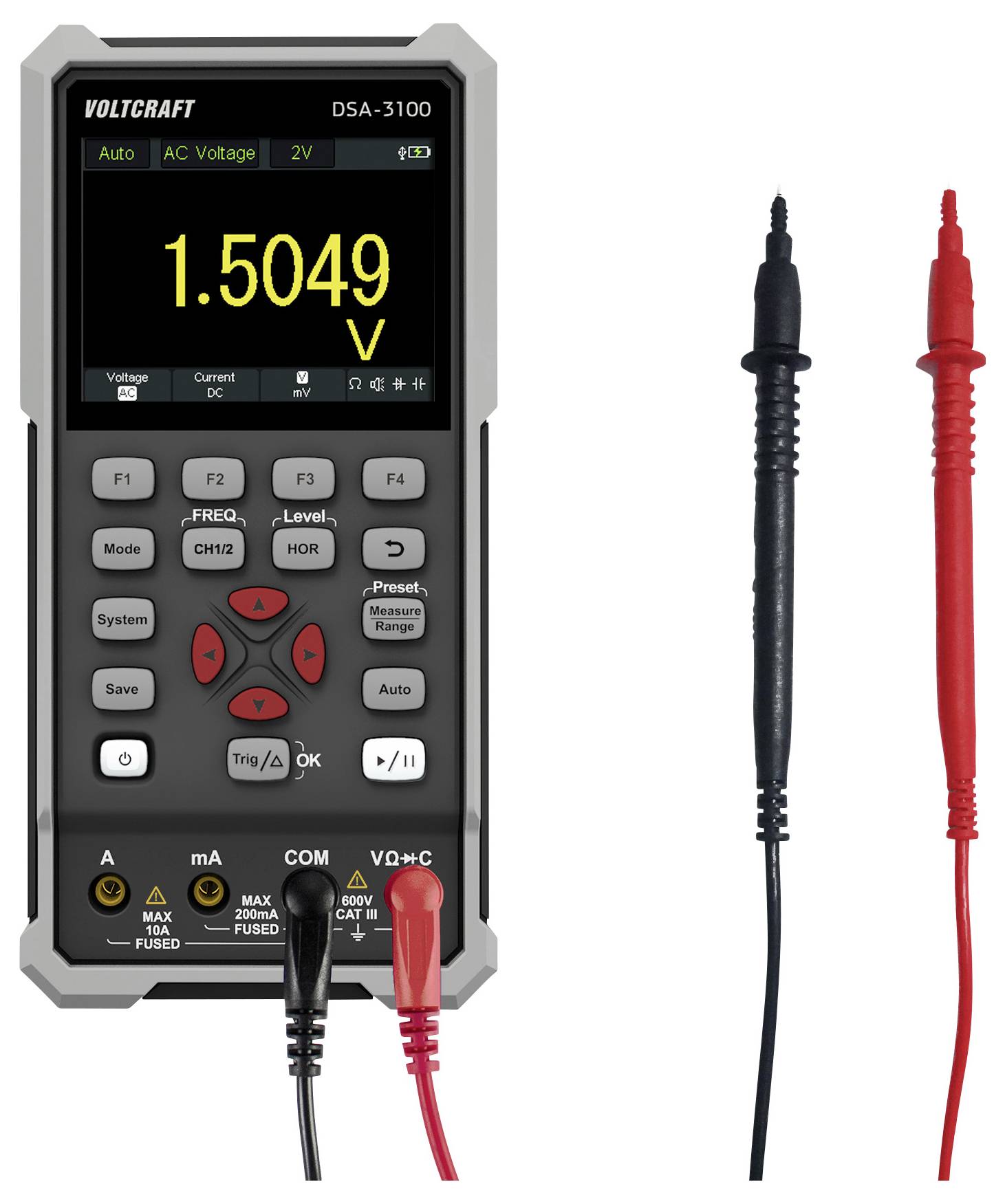 Handheld digitale multimeter die een aflezing van '1.5049 V' weergeeft met bijbehorende rode en zwarte meetpennen.