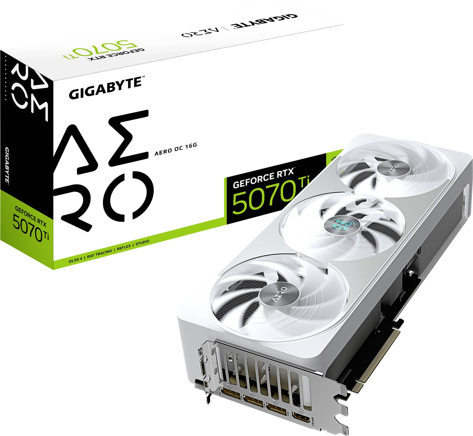 Videokaart van het merk Gigabyte met de tekst 'GEFORCE RTX 5070 Ti' naast de verpakking die hetzelfde model toont.