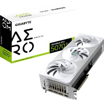 Videokaart van het merk Gigabyte met de tekst 'GEFORCE RTX 5070 Ti' naast de verpakking die hetzelfde model toont.