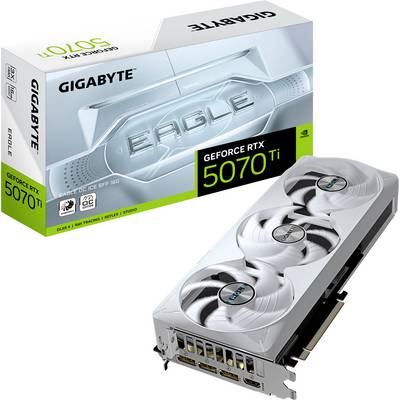 Een Gigabyte GeForce RTX 5070 Ti grafische kaart met verpakking. De kaart heeft drie ventilatoren. Verpakking toont het model en het Gigabyte-logo.