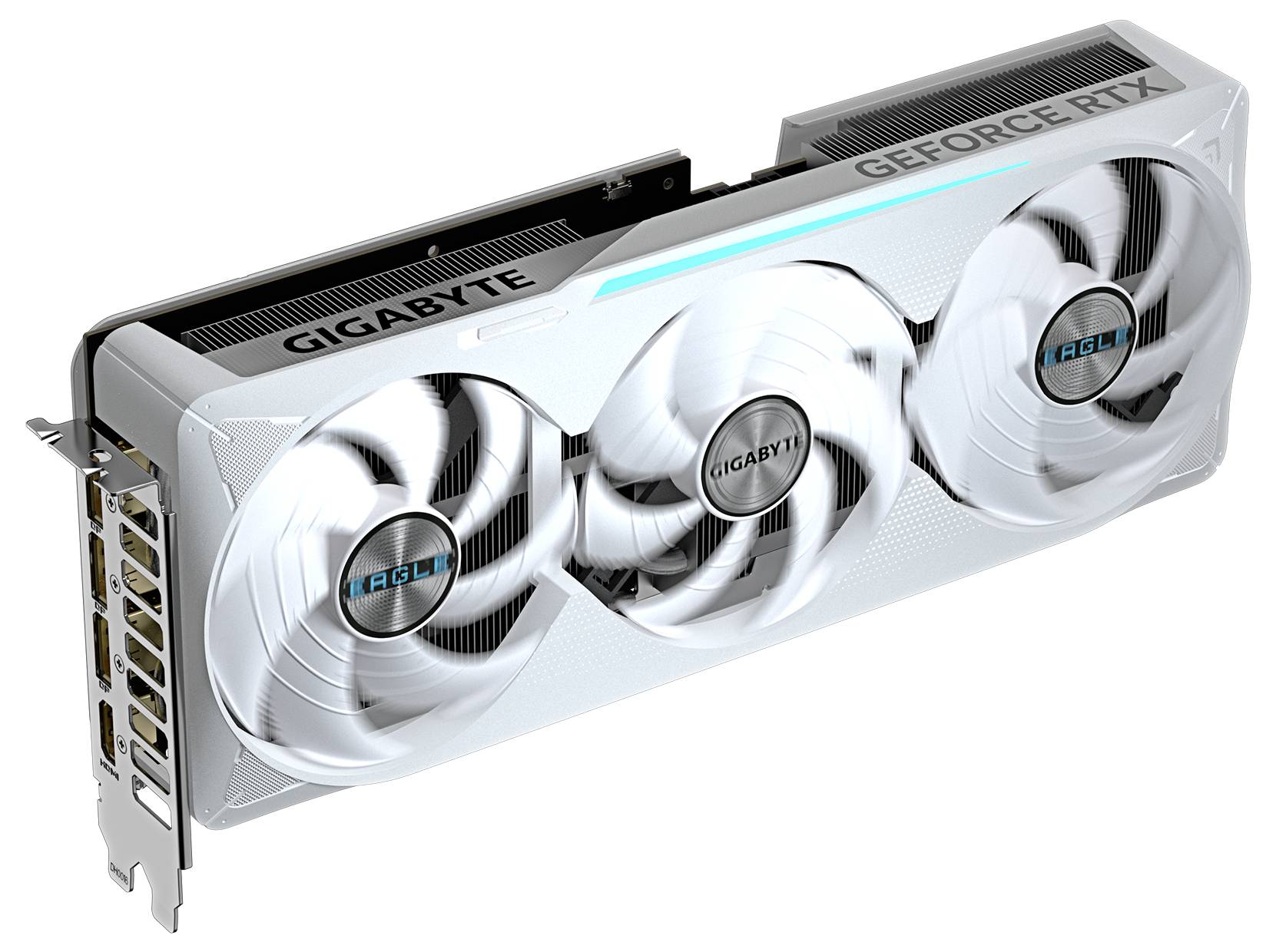 Grafische kaart van GIGABYTE, model 'GeForce RTX', met drie ventilatoren en een zilverkleurige behuizing.