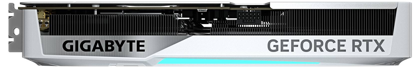 Grafische kaart van het merk Gigabyte met de aanduiding 'GEFORCE RTX' aan de zijkant, in een modern design.