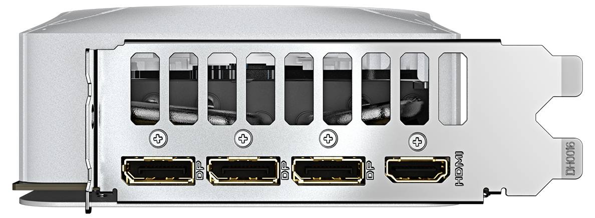 Achterkant van een grafische kaart met vier HDMI-poorten en ventilatiesleuven, toont de aansluitingen en het ontwerp van de kaart.