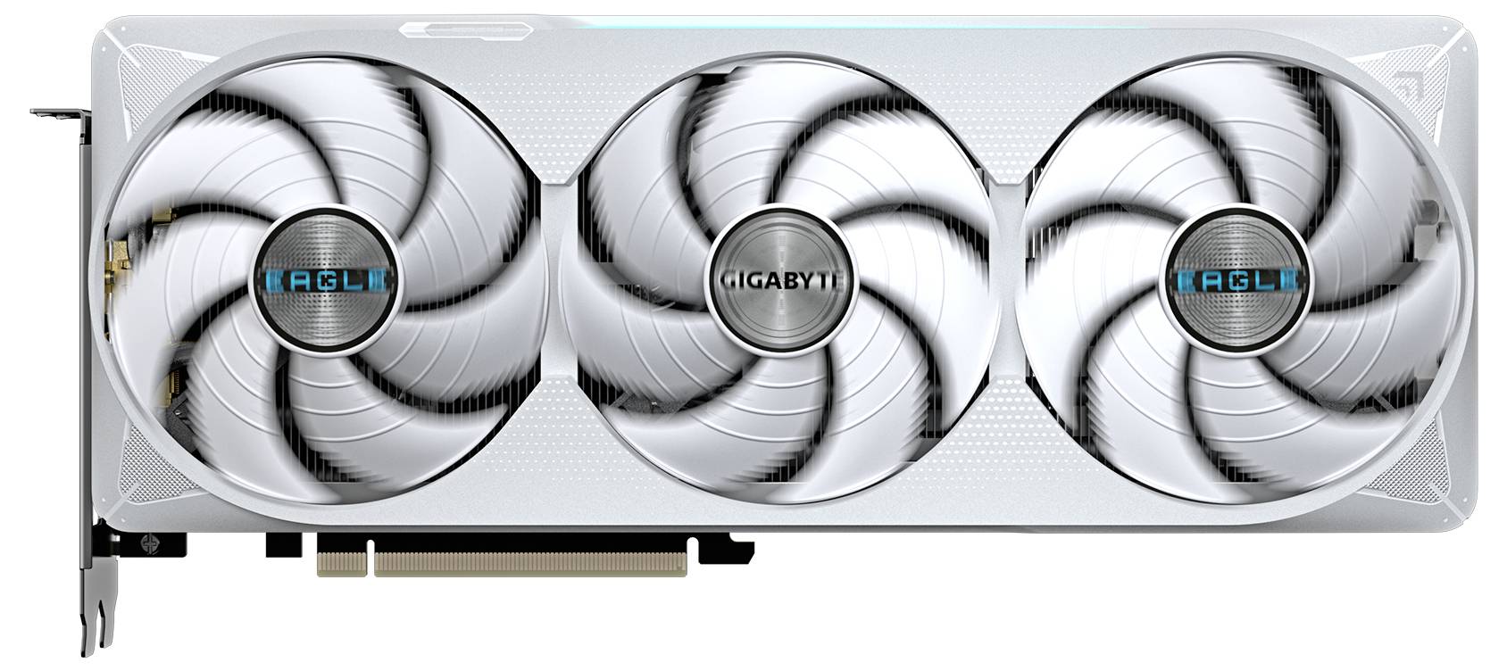 Een witte videokaart met drie ventilatoren waarop 'Eagle' en 'Gigabyte' staat. Geschikt voor inbouw in een computer.